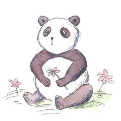 Cute Panda With Flowers Animal Drawing Sketch White Background