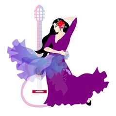 The girl and the birds. Spanish flamenco dancer with guitar and  a bird-shaped shawl isolated on white background.