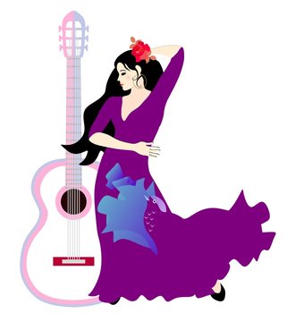 Guitar, girl and bird. Beautiful Spanish young woman with long black hair, decorated with a rose, dressed in a lilac dress, dancing flamenco.