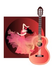 Fototapeta na wymiar Spanish flamenco dancer - girl, manton in shape of flying bird and guitar silhouette.