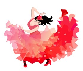 Sexy spanish girl dressed in red dress and with transculent shawl in shape of flying bird is dancing flamenco.