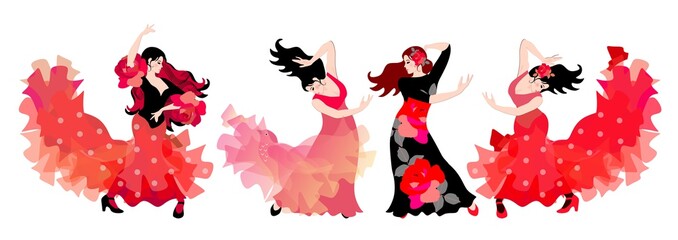 Four spanish girls in long dresses dancing flamenco isolated on white background. - obrazy, fototapety, plakaty