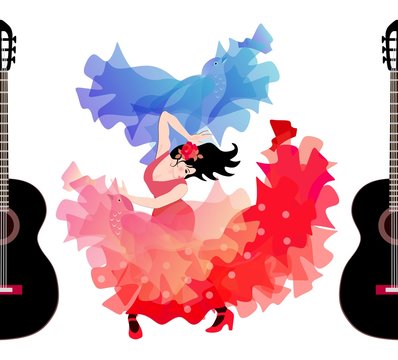 Spanish girl in a long red polka-dot dress is dancing flamenco with two translucent shawls that look like flying birds. Black silhouettes of guitars as a frame. Concert poster.