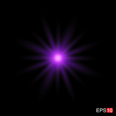 isolated purple Rays with lens flare, Sun flare, flare on the black background. Transparent Vector Illustration