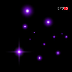 isolated purple Rays with lens flare, Sun flare, flare on the black background. Transparent Vector Illustration