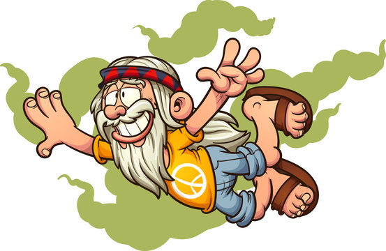 Flying old cartoon hippie man clip art. Vector illustration with simple gradients. Man and smoke on separate layers. 