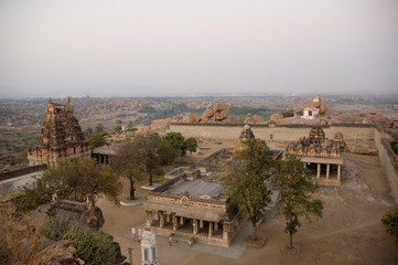 Fototapeta premium Virupaksha temple view from Hemakuta hill at sunrise in Hampi, Karnataka, India