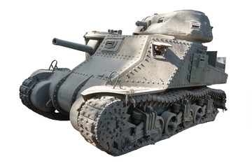 Fototapeta na wymiar A damaged WW2 battle tank - isolated on white