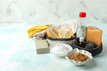 Set of eco-friendly natural cleaning products,metal brush, lemon, baking soda (sodium bicarbonate), soap, essential oils, rags, zero waste lifestyle