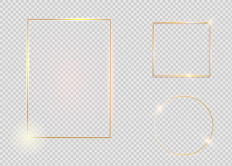 Gold shiny glowing vintage frame with shadows isolated on transparent background. Golden luxury realistic rectangle border.