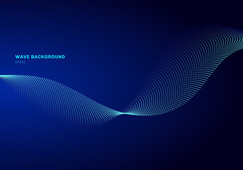Abstract network design with particle light blue wave. Dynamic particles sound wave flowing on glowing dots dark background.