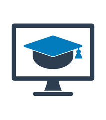 E Learning Icon. Graduation cap symbol on computer monitor.