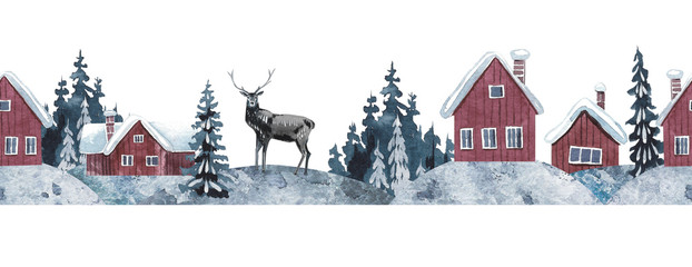 Winter landscape with house, deer and forest.  Christmas seamless decor./