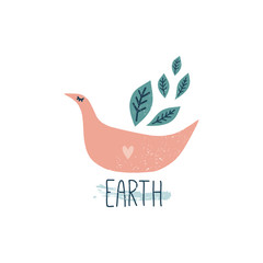 Earth Day poster with bird, banner element. Spring time, text card