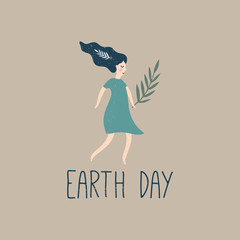 Earth Day banner, vector illustration with cute running girl, environment safety, nature concept. Poster, postcard or elements for design