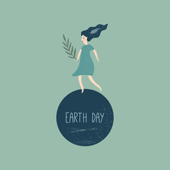 Earth Day banner, vector illustration with cute running girl, environment safety, nature concept. Poster, postcard or elements for design