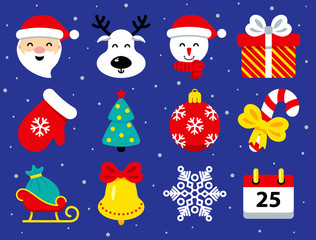 Set of Christmas icons in flat style on blue