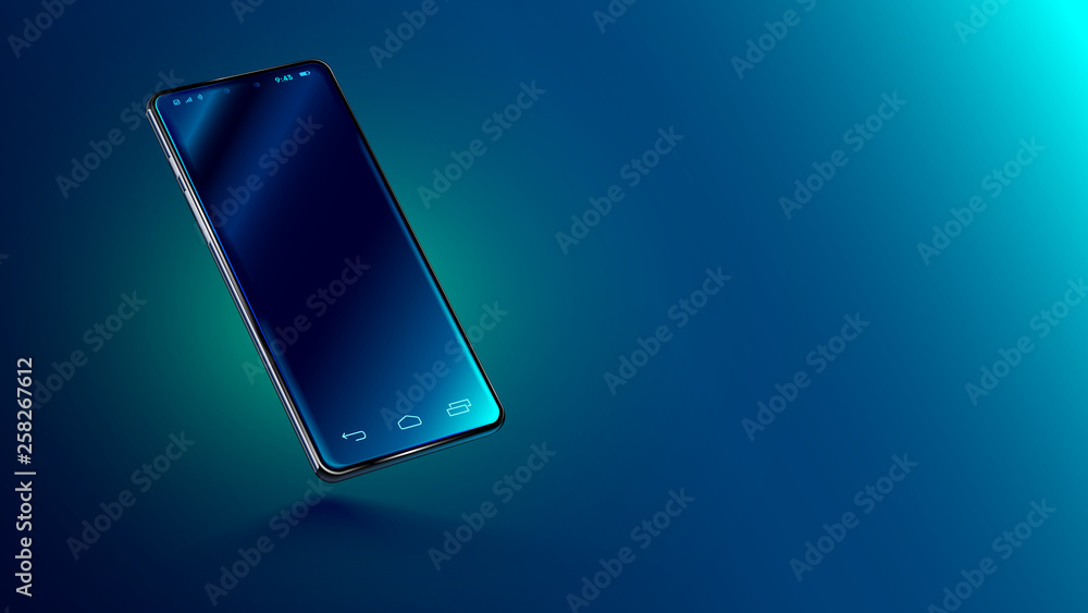 Poster Modern glass smartphone hanging over the table with a smooth dark blue surface in perspective view with reflection. Realistic vector illustration isometric phone. Mock up or template shiny cellphone.