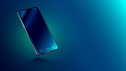 Modern glass smartphone hanging over the table with a smooth dark blue surface in perspective view with reflection. Realistic vector illustration isometric phone. Mock up or template shiny cellphone. - obrazy, fototapety, plakaty