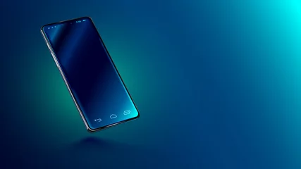 Foto op Plexiglas Modern glass smartphone hanging over the table with a smooth dark blue surface in perspective view with reflection. Realistic vector illustration isometric phone. Mock up or template shiny cellphone. © AndSus