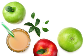 green and red apples with apple juice isolated on white background. top view