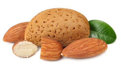 almond with green leaves isolated on white background