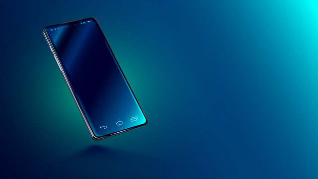 Modern glass smartphone hanging over the table with a smooth dark blue surface in perspective view with reflection. Realistic vector illustration isometric phone. Mock up or template shiny cellphone.