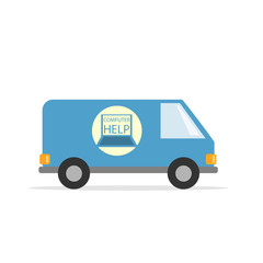 Computer assistance van. Car technical support. Flat style. Vector graphics.