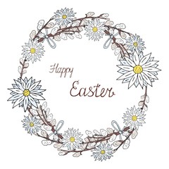 Naklejka na ściany i meble Happy easter wreath with chamomile and pussy-willow on white