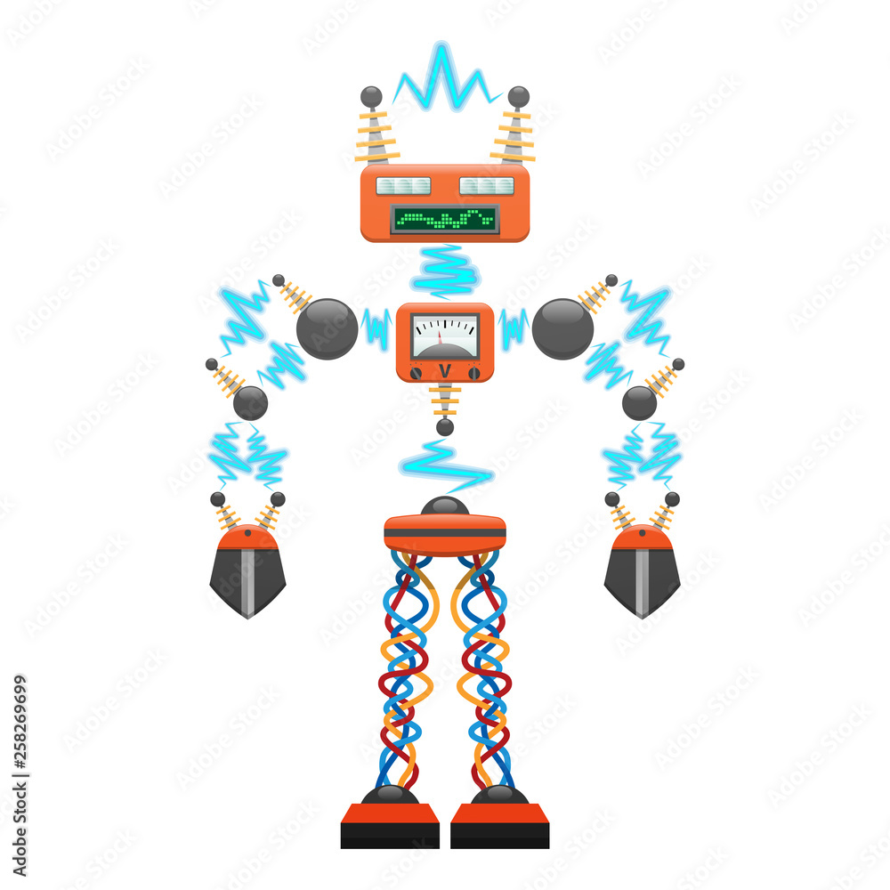 Poster big electric scary robot with detector, wave sensor and wires isolated on white background. robot th