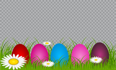 Easter eggs on the green grass. Seasonal holidays in April. Colorful egg and flowers.Banner