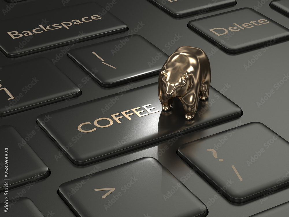 Poster 3d render of keyboard with coffee button and bear