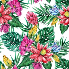 Foto op Plexiglas Seamless floral pattern of tropical flowers and leaves. Graphics and watercolor handmade. © Anna