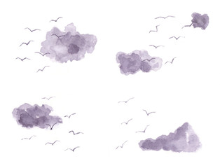 Watercolor set of birds in the sky