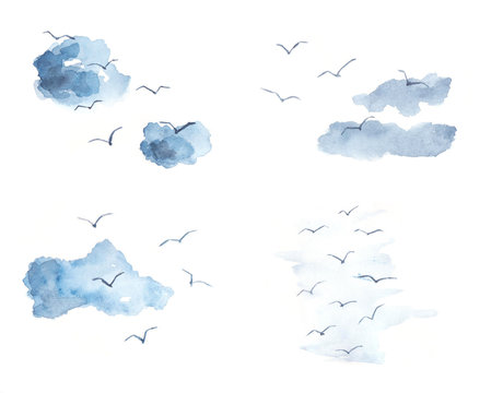 Watercolor set of birds in the sky