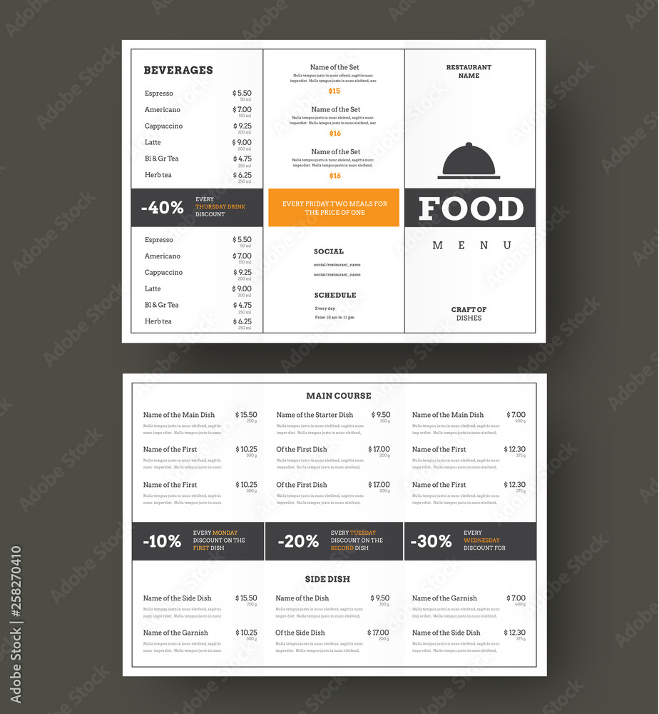 Aufkleber Design vector folding menu for cafes and restaurants with vertical and horizontal blocks for text and shares.