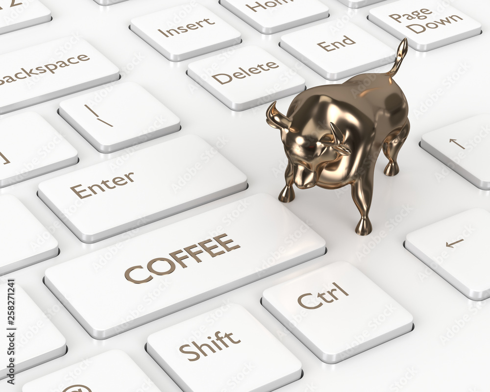 Poster 3d render of keyboard with coffee button and bull