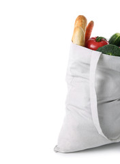 Eco bag with products on white background