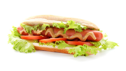 Tasty hot dog on white background