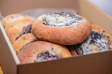 Sweet tastefull traditional cakes with jam, fruit, cottage cheese and poppy seeds.