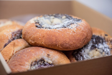 Sweet tastefull traditional cakes with jam, fruit, cottage cheese and poppy seeds.
