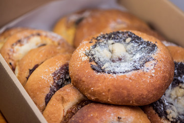 Sweet tastefull traditional cakes with jam, fruit, cottage cheese and poppy seeds.