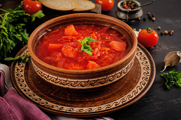 Traditional Ukrainian Russian borscht or red soup on the  bowl.