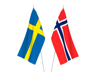 National fabric flags of Norway and Sweden isolated on white background. 3d rendering illustration.