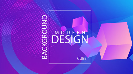 Cube background. Geometric set. 3D and flat elements isolated on violet gradient covered background.