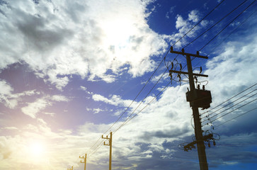 Power lines and clouds, Blue sky, Utility pole, Electric wires.