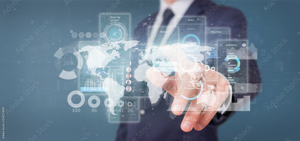 Poster businessman holding user interface screens with icon, stats and data 3d rendering