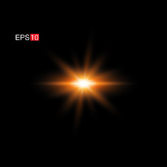 isolated orange Rays with lens flare, Sun flare, flare on the black background. Transparent Vector Illustration