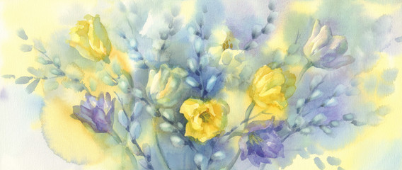yellow tulips with pussy willow watercolor background
