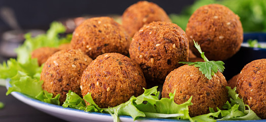 Falafel, hummus and pita. Middle eastern or arabic dishes on a dark background. Halal food. Banner